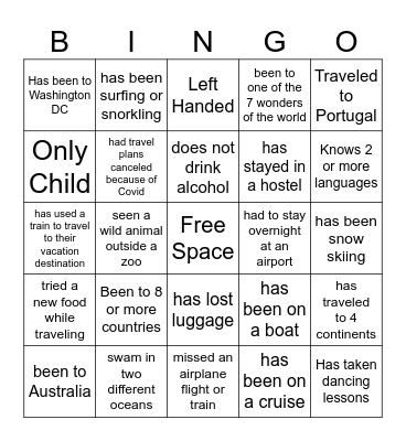 Travel Bingo! Bingo Card