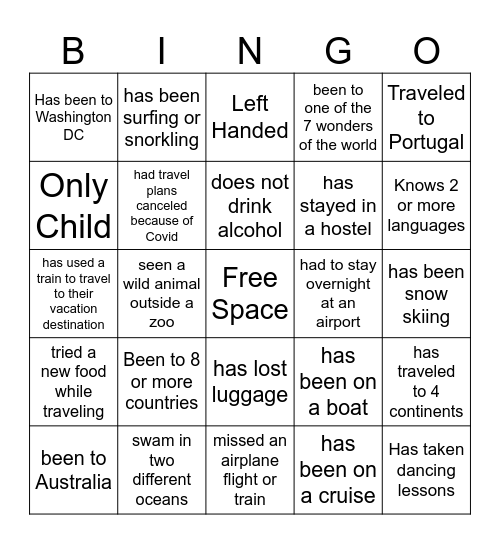 Travel Bingo! Bingo Card