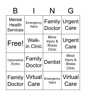 Find Your Right Care Bingo Card