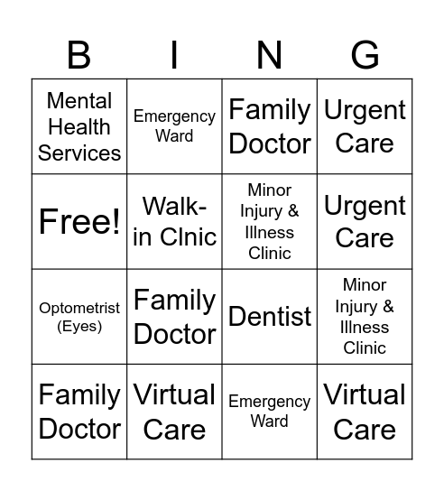 Find Your Right Care Bingo Card