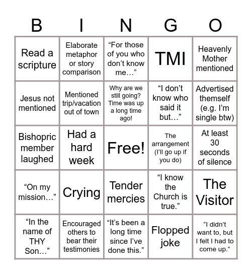 Testimony Bingo Card