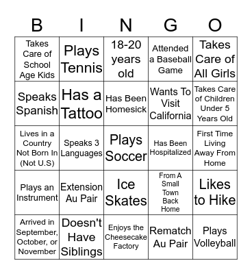 Getting To Know Our Au Pair Group! Bingo Card