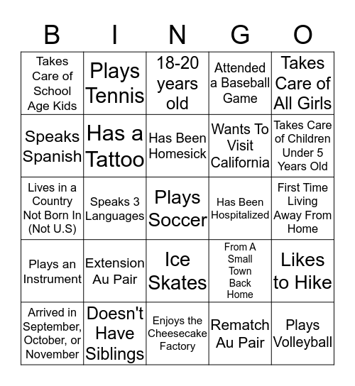 Getting To Know Our Au Pair Group! Bingo Card