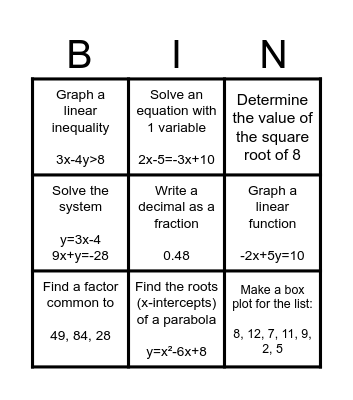 Learning Desmos BINGO Card
