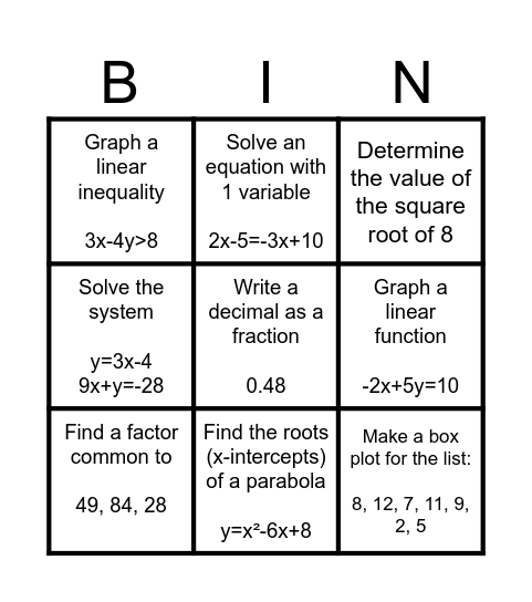 Learning Desmos BINGO Card