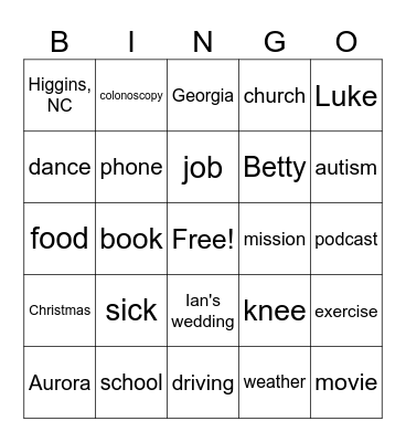 Family Bingo Card
