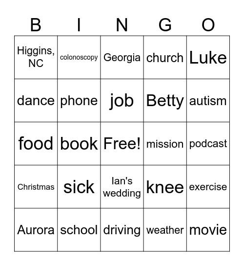Family Bingo Card