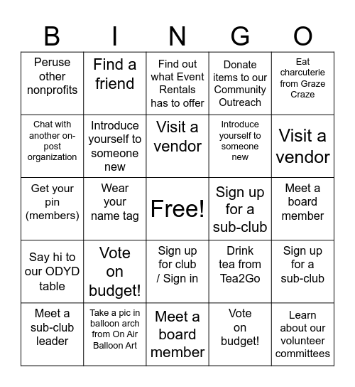 Great Place Spouses' Club Kickoff Event Bingo Card