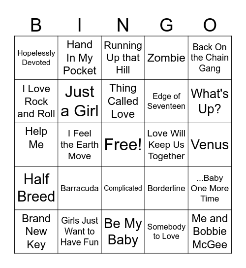 Rock & Roll Women Bingo Card
