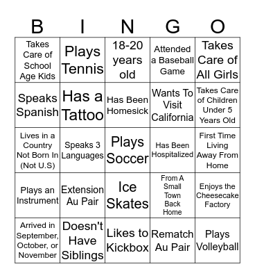 Getting To Know Our Au Pair Group! Bingo Card