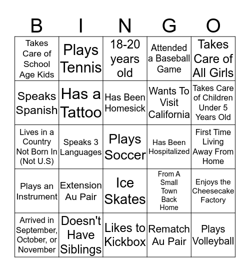 Getting To Know Our Au Pair Group! Bingo Card
