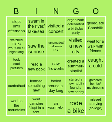HOW HAVE I SPENT MY SUMMER HOLIDAYS? Bingo Card