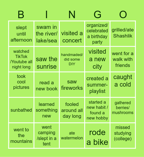 HOW HAVE I SPENT MY SUMMER HOLIDAYS? Bingo Card