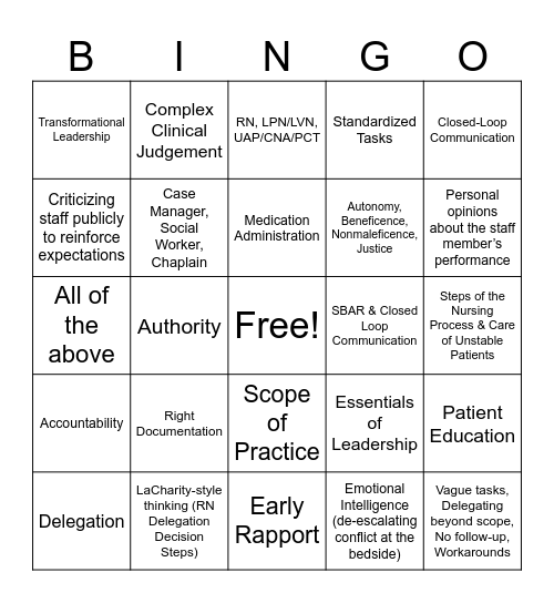 Leadership Bingo Card