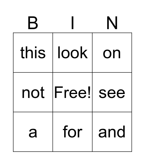 Sight Words Bingo Card