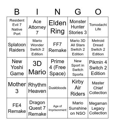 September 2025 Nintendo Direct Bingo Card