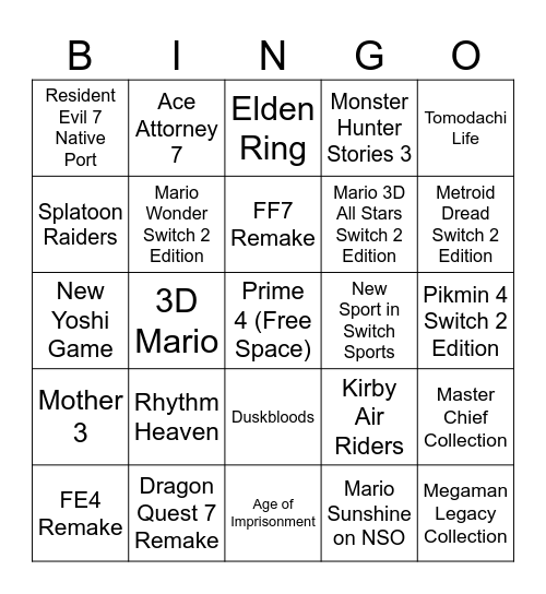September 2025 Nintendo Direct Bingo Card