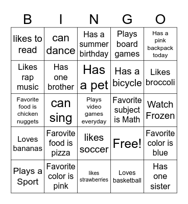 All About Me Bingo Card