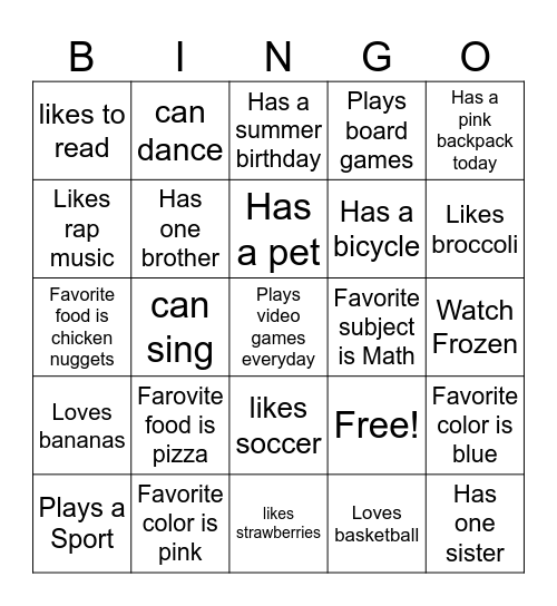 All About Me Bingo Card