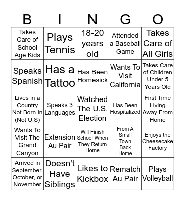 Getting To Know Our Au Pair Group! Bingo Card