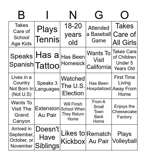 Getting To Know Our Au Pair Group! Bingo Card