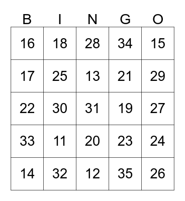 Number BINGO Card