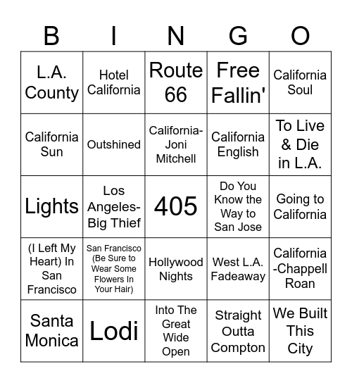 California Bingo Card