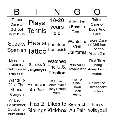 Getting To Know Our Au Pair Group! Bingo Card