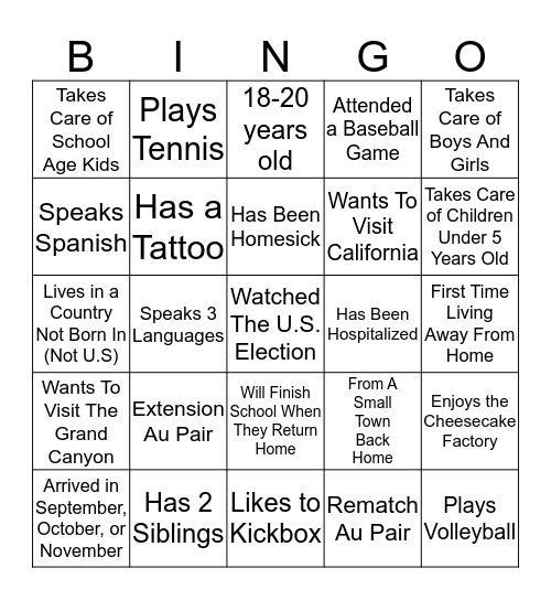 Getting To Know Our Au Pair Group! Bingo Card