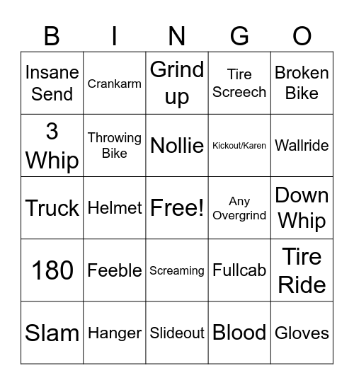BMX Video Part Bingo Card