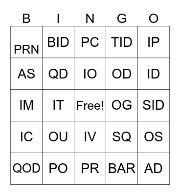 Medical Abbreviations Bingo Card