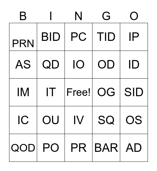 Medical Abbreviations Bingo Card