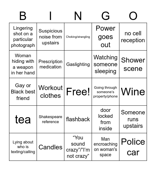 Lifetime Movie Bingo Card