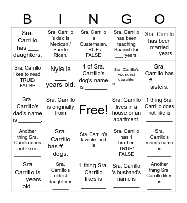 Sra Carrillo Game Bingo Card