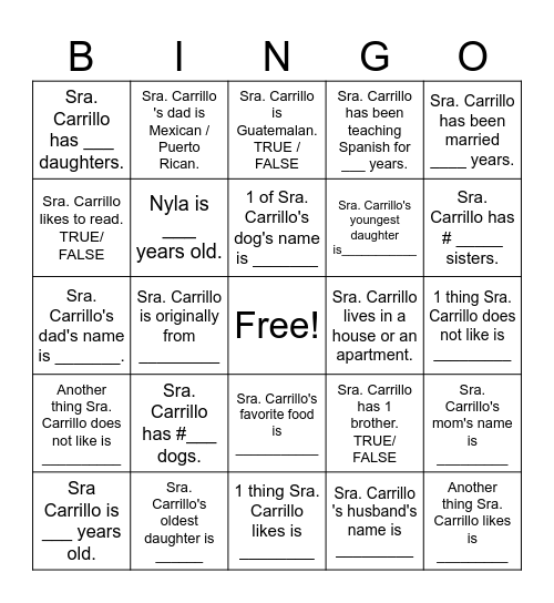 Sra Carrillo Game Bingo Card