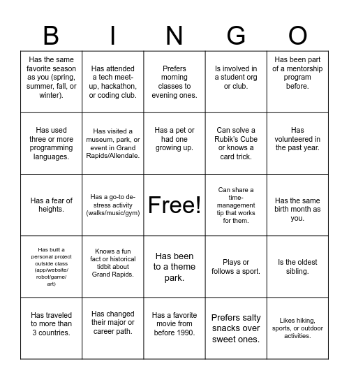 3C People Bingo Card