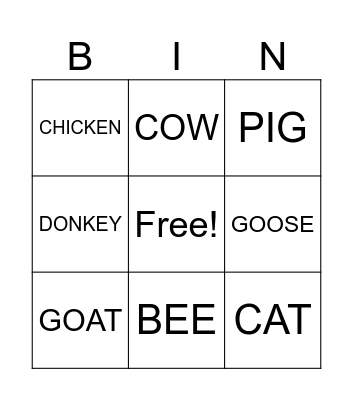 FARM ANIMALS Bingo Card