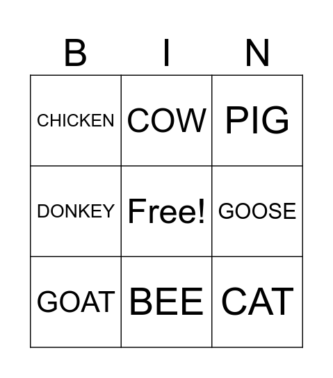 FARM ANIMALS Bingo Card