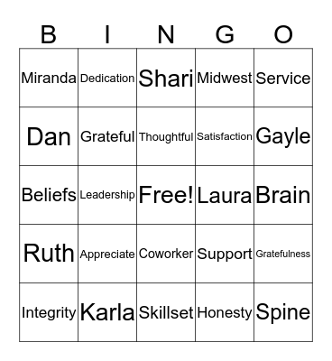 Midwest Spine Gratitude Bingo Card