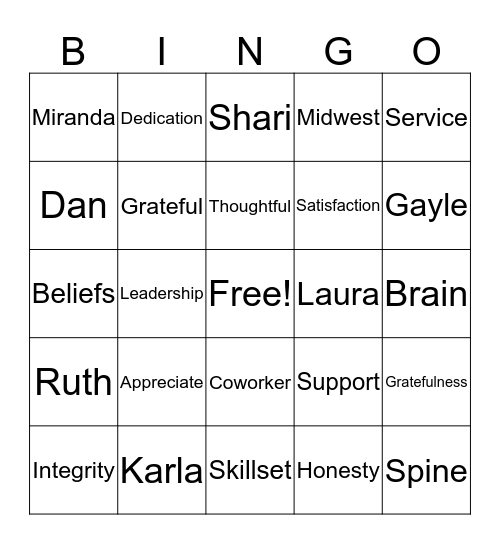 Midwest Spine Gratitude Bingo Card