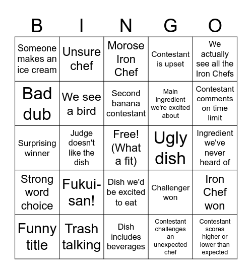 Iron Chef Bingo Card