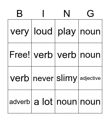 Parts of Speech Bingo Card