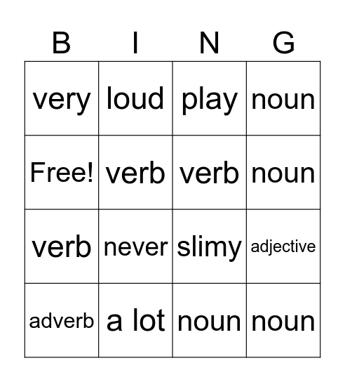 Parts of Speech Bingo Card