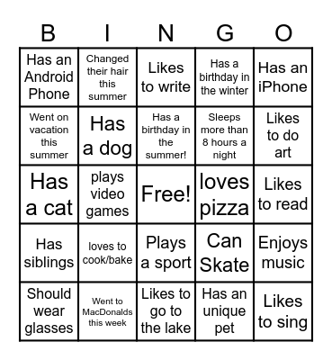 Ice Breaker for Kids Bingo Card