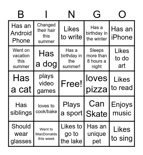 Ice Breaker for Kids Bingo Card