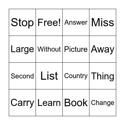 Sight Words Bingo Card