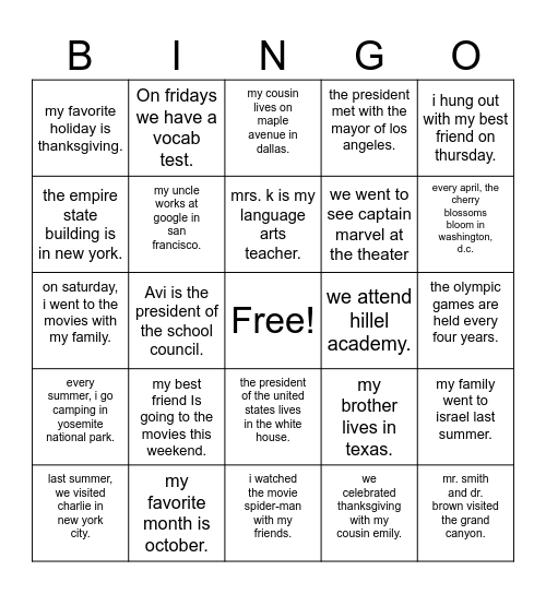 Capitalization Bingo Card