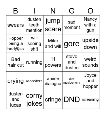 Stranger things bingo Card