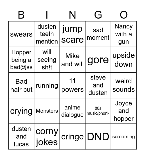 Stranger things bingo Card
