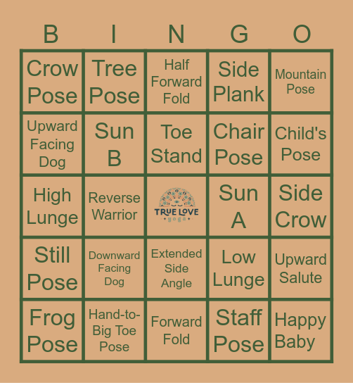 True Love Yoga Bingo Card